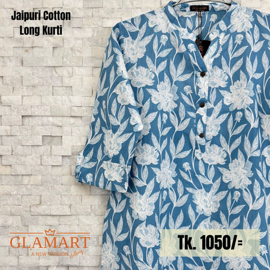 Jaipuri Cotton Long Kurti – Ocean Blue & White Large Floral Vine Print