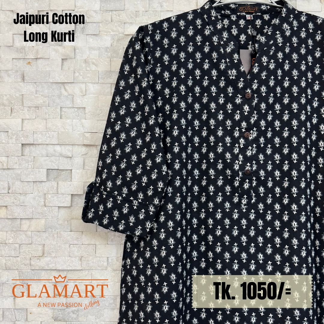 Jaipuri Cotton Long Kurti – Classic Black & White Buti Print