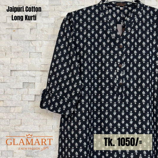 Jaipuri Cotton Long Kurti – Classic Black & White Buti Print