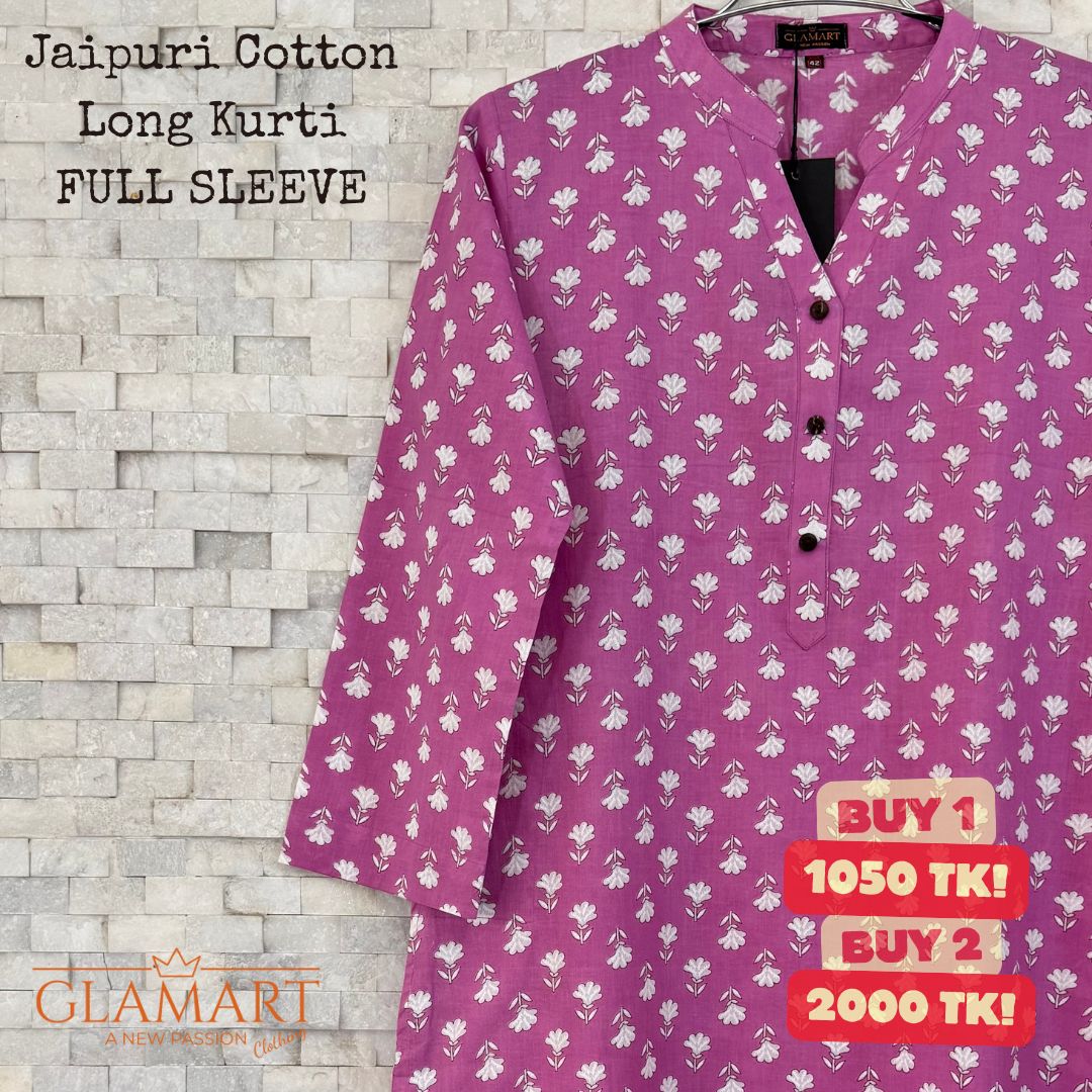 Jaipuri Cotton Long Kurti – Lavender Purple & White Floral Butti