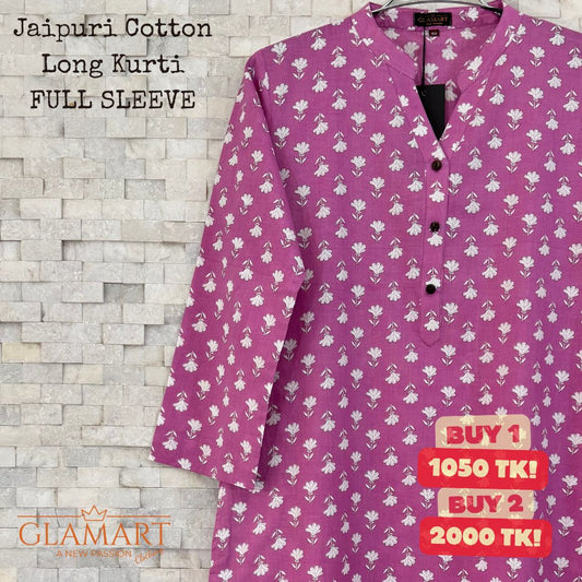 Jaipuri Cotton Long Kurti – Lavender Purple & White Floral Butti