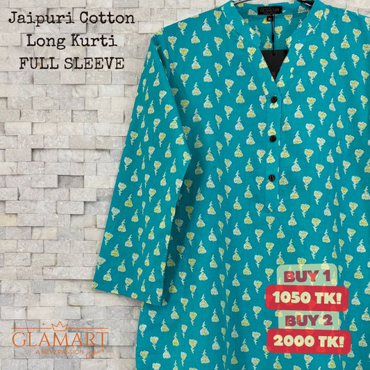 Jaipuri Cotton Long Kurti – Teal Blue & Lime Floral Butti