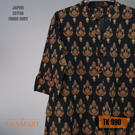 Jaipuri Cotton Long Kurti – - Black & Gold Floral Design