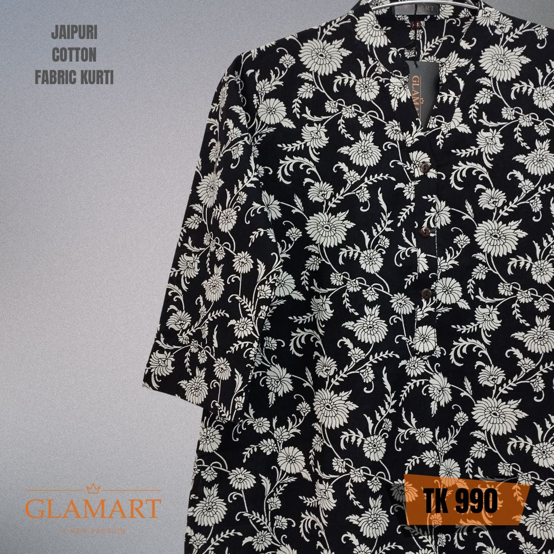 Jaipuri Cotton Long Kurti - Black & White Floral Print