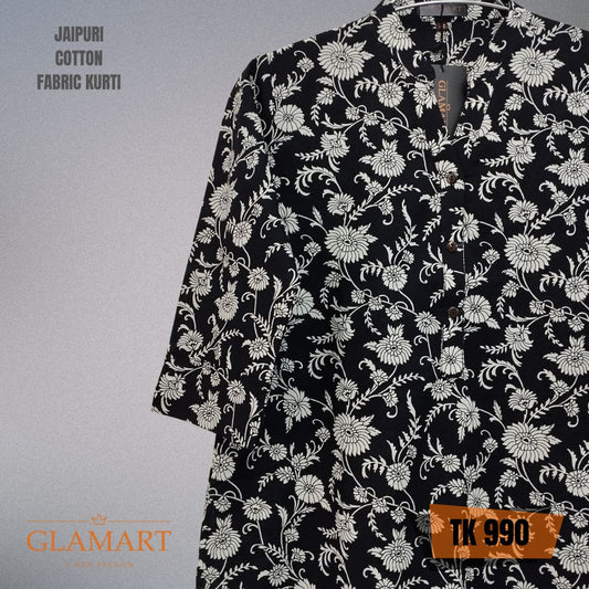 Jaipuri Cotton Long Kurti - Black & White Floral Print