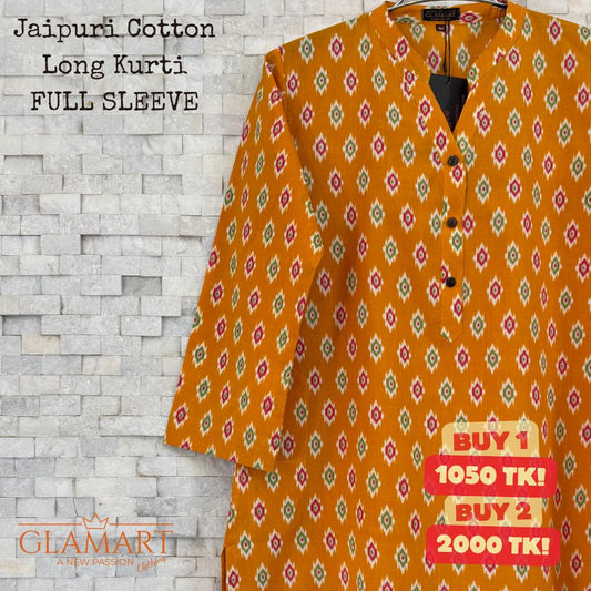 Jaipuri Cotton Long Kurti – Yellow-Orange Ikat Print