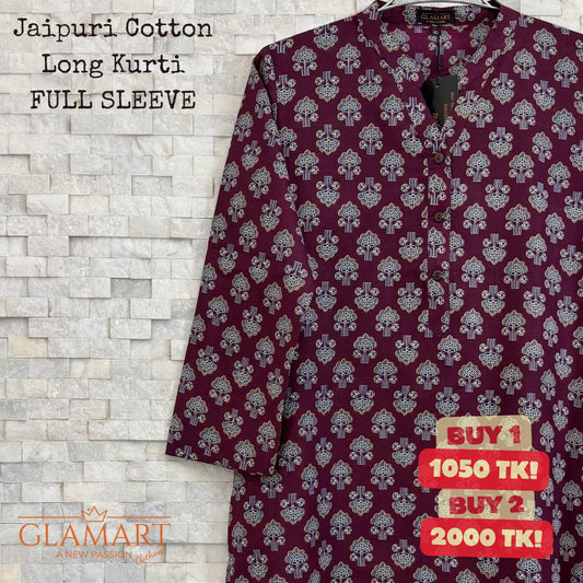 Jaipuri Cotton Long Kurti – Dark Plum Floral Butti Print