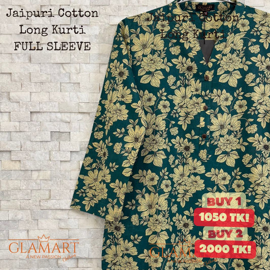 Jaipuri Cotton Long Kurti – Teal Green with Cream Floral Print