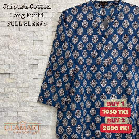 Jaipuri Cotton Long Kurti – Indigo Blue with Ornate Leaf Motif Print