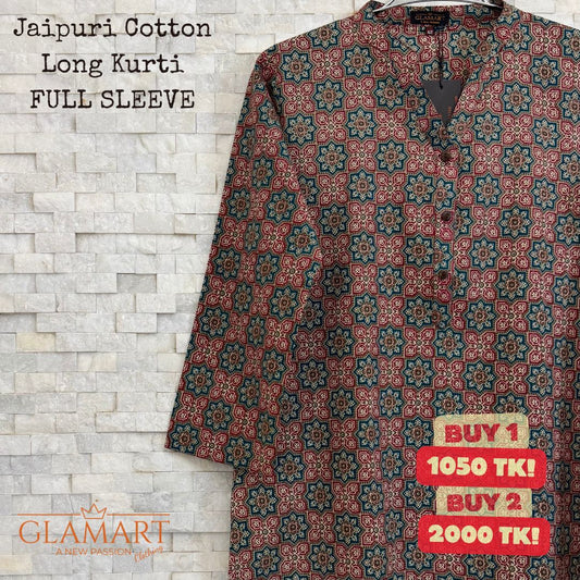 Jaipuri Cotton Long Kurti – Maroon & Green Geometric Mandala Print