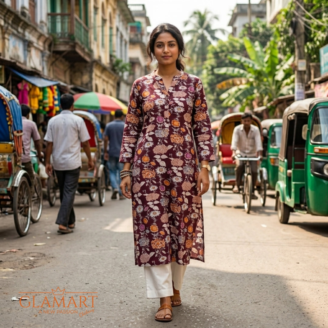 Jaipuri Cotton Long Kurti – Plum Burgundy with Autumn Floral Bouquet Print