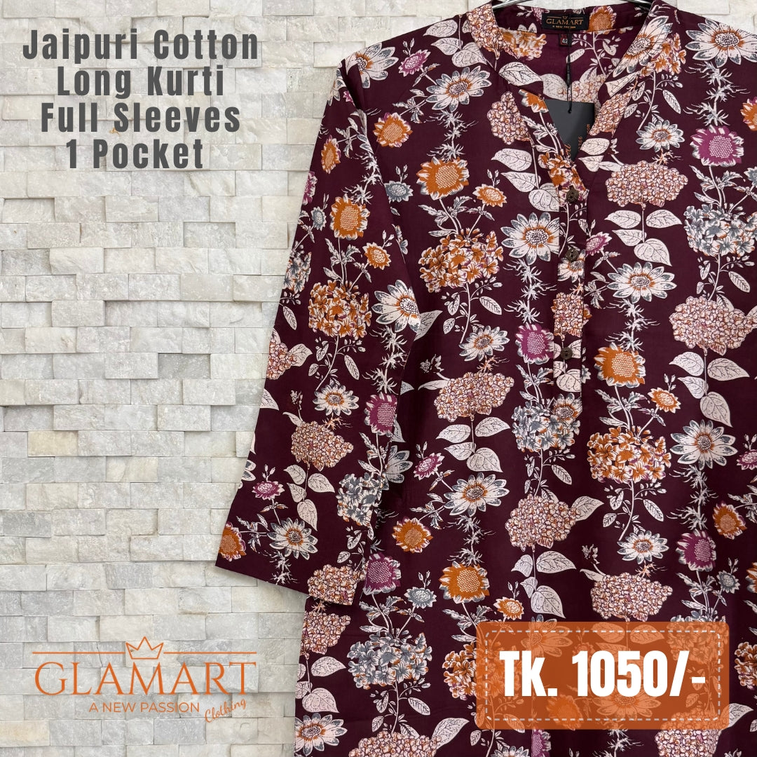 Jaipuri Cotton Long Kurti – Plum Burgundy with Autumn Floral Bouquet Print