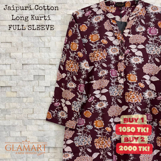 Jaipuri Cotton Long Kurti – Plum Burgundy with Autumn Floral Bouquet Print