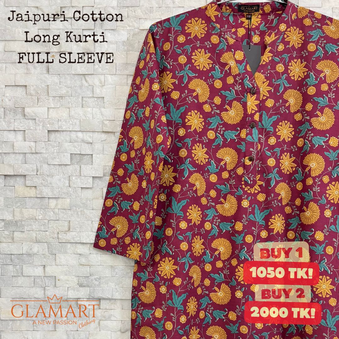 Jaipuri Cotton Long Kurti – Raspberry Pink with Mustard Floral Print