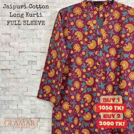 Jaipuri Cotton Long Kurti – Raspberry Pink with Mustard Floral Print