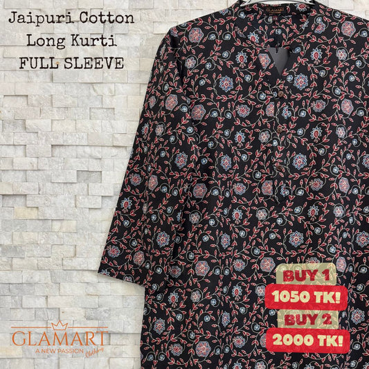 Jaipuri Cotton Long Kurti – Jet Black with Red & Blue Floral Vine Print