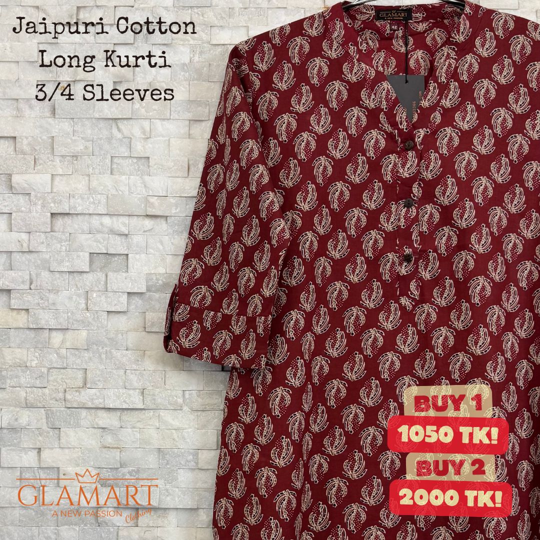 Jaipuri Cotton Long Kurti – Maroon with Cream Abstract Shell Print