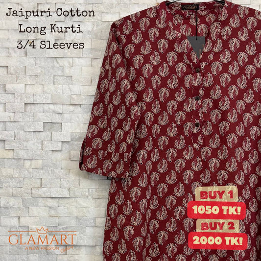 Jaipuri Cotton Long Kurti – Maroon with Cream Abstract Shell Print