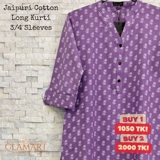 Jaipuri Cotton Long Kurti – Lavender Purple with White Leaf Bud Print
