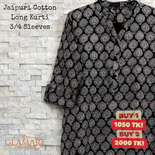 Jaipuri Cotton Long Kurti – Black & White Ornamental Butti Print