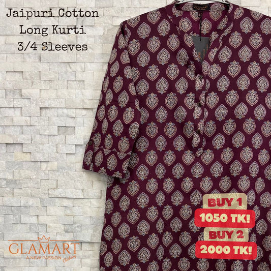 Jaipuri Cotton Long Kurti – Wine Burgundy with White Heart Motif Print