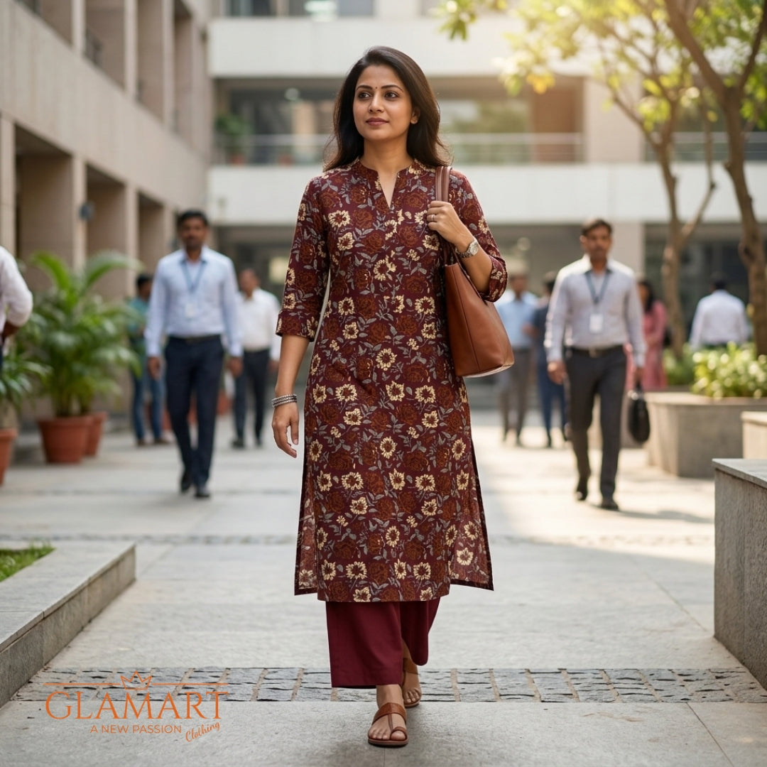Jaipuri Cotton Long Kurti – Maroon & Tan Vintage Floral Print