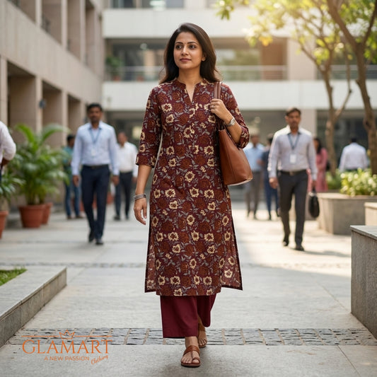 Jaipuri Cotton Long Kurti – Maroon & Tan Vintage Floral Print