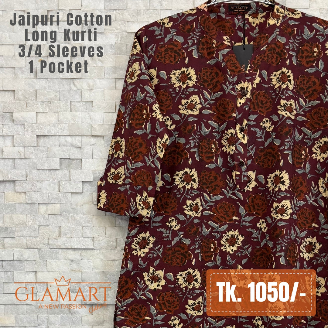 Jaipuri Cotton Long Kurti – Maroon & Tan Vintage Floral Print