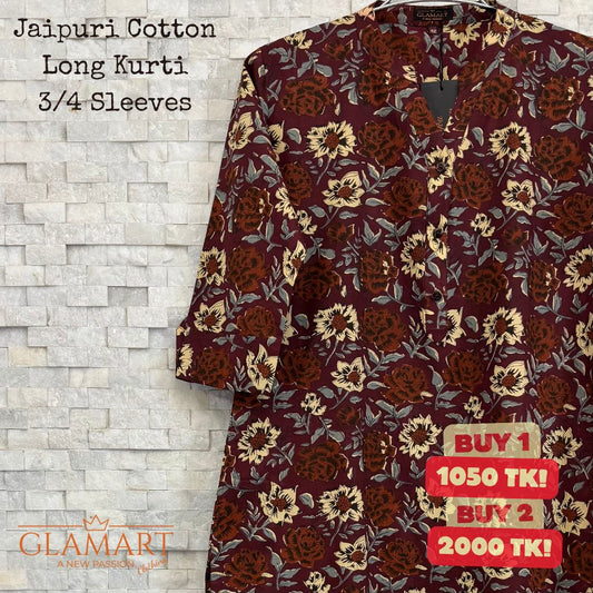 Jaipuri Cotton Long Kurti – Maroon & Tan Vintage Floral Print