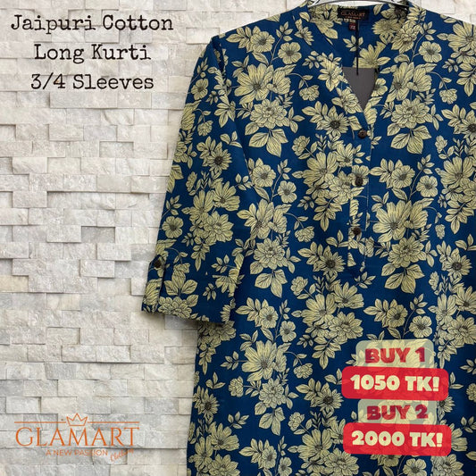 Jaipuri Cotton Long Kurti – Teal Blue & Cream Floral Print