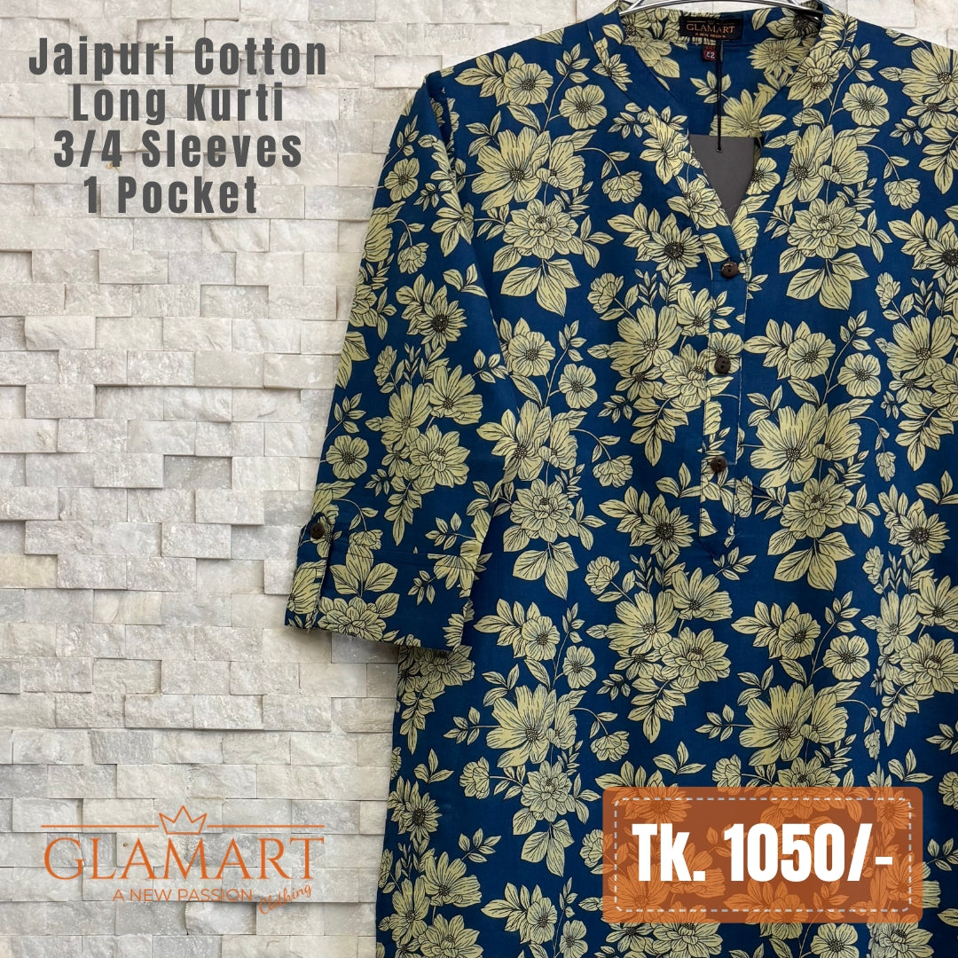 Jaipuri Cotton Long Kurti – Teal Blue & Cream Floral Print