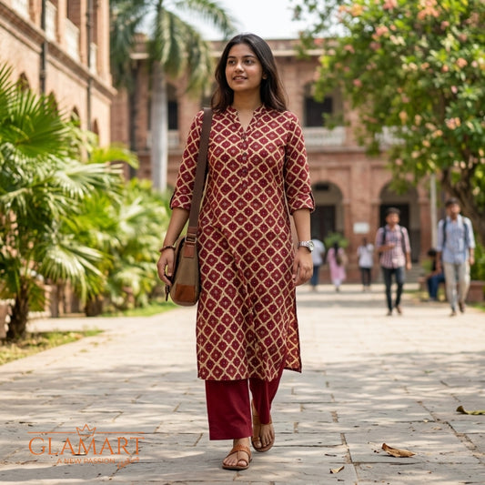Jaipuri Cotton Long Kurti – Maroon & Cream Geometric Lattice Print