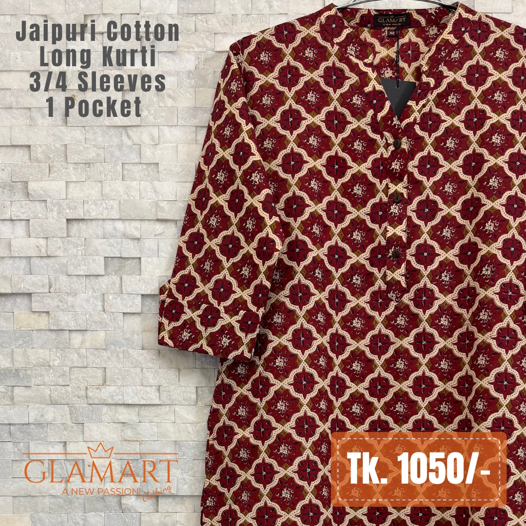 Jaipuri Cotton Long Kurti – Maroon & Cream Geometric Lattice Print