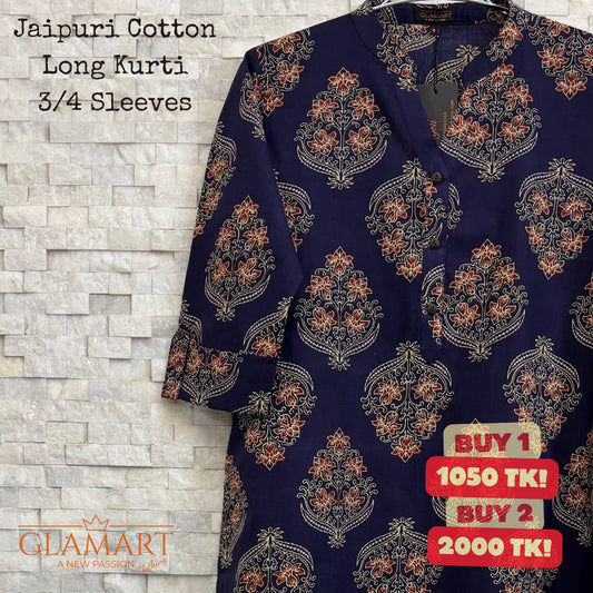 Jaipuri Cotton Long Kurti – Navy Blue with Rust & Gold Ornamental Print