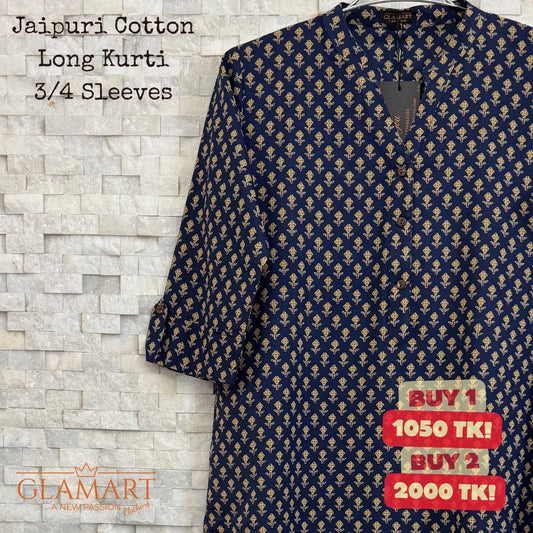 Jaipuri Cotton Long Kurti – Navy Blue with Gold Minimalist Butti Print