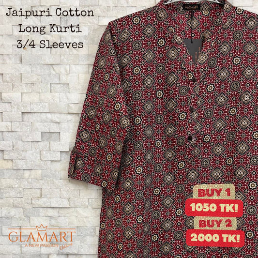 Jaipuri Cotton Long Kurti – Maroon with Traditional Geometric Mandala Print