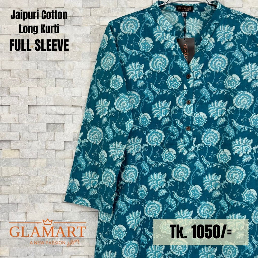 Jaipuri Cotton Long Kurti – Teal Blue & White Floral Butti