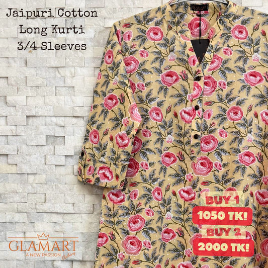 Jaipuri Cotton Long Kurti – Cream & Pink Floral Print
