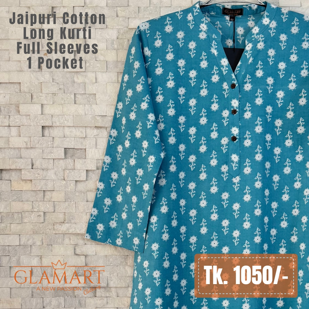 Jaipuri Cotton Long Kurti – Sky Blue & White Floral Butti