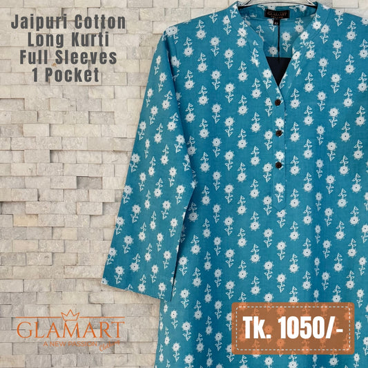 Jaipuri Cotton Long Kurti – Sky Blue & White Floral Butti