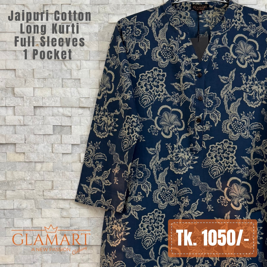Jaipuri Cotton Long Kurti – Navy Blue & Beige Floral Print