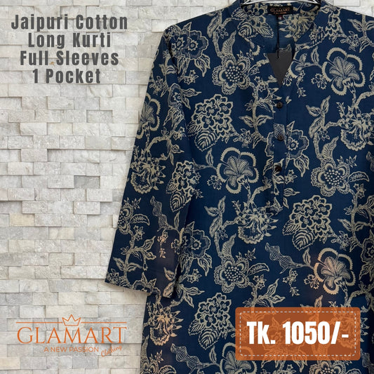 Jaipuri Cotton Long Kurti – Navy Blue & Beige Floral Print