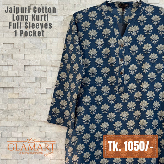 Jaipuri Cotton Long Kurti – Navy Blue & Beige Floral Butti