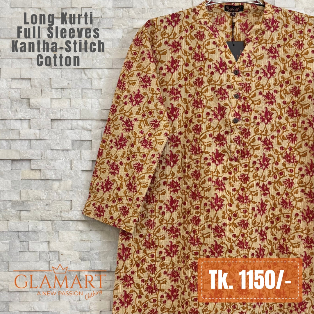 Kantha-Stitch Cotton Long Kurti – Yellowish Cream & Maroon Floral Print