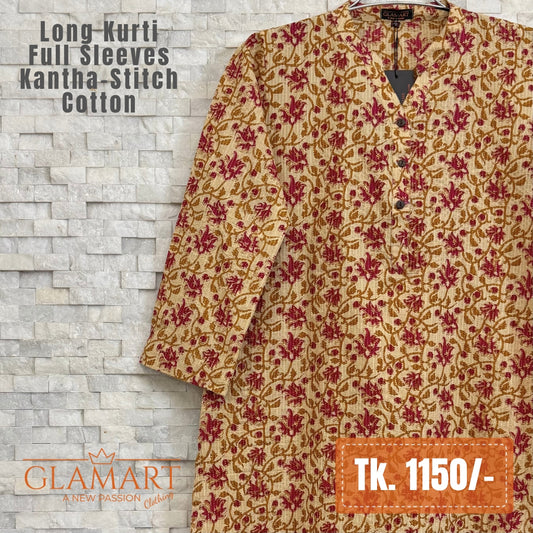 Kantha-Stitch Cotton Long Kurti – Yellowish Cream & Maroon Floral Print