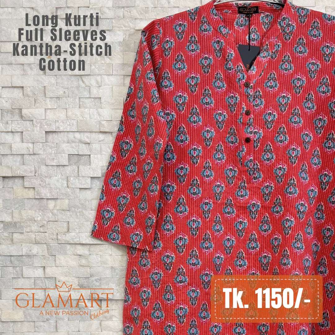 Kantha-Stitch Cotton Long Kurti – Carrot Red & Blue Floral Butti