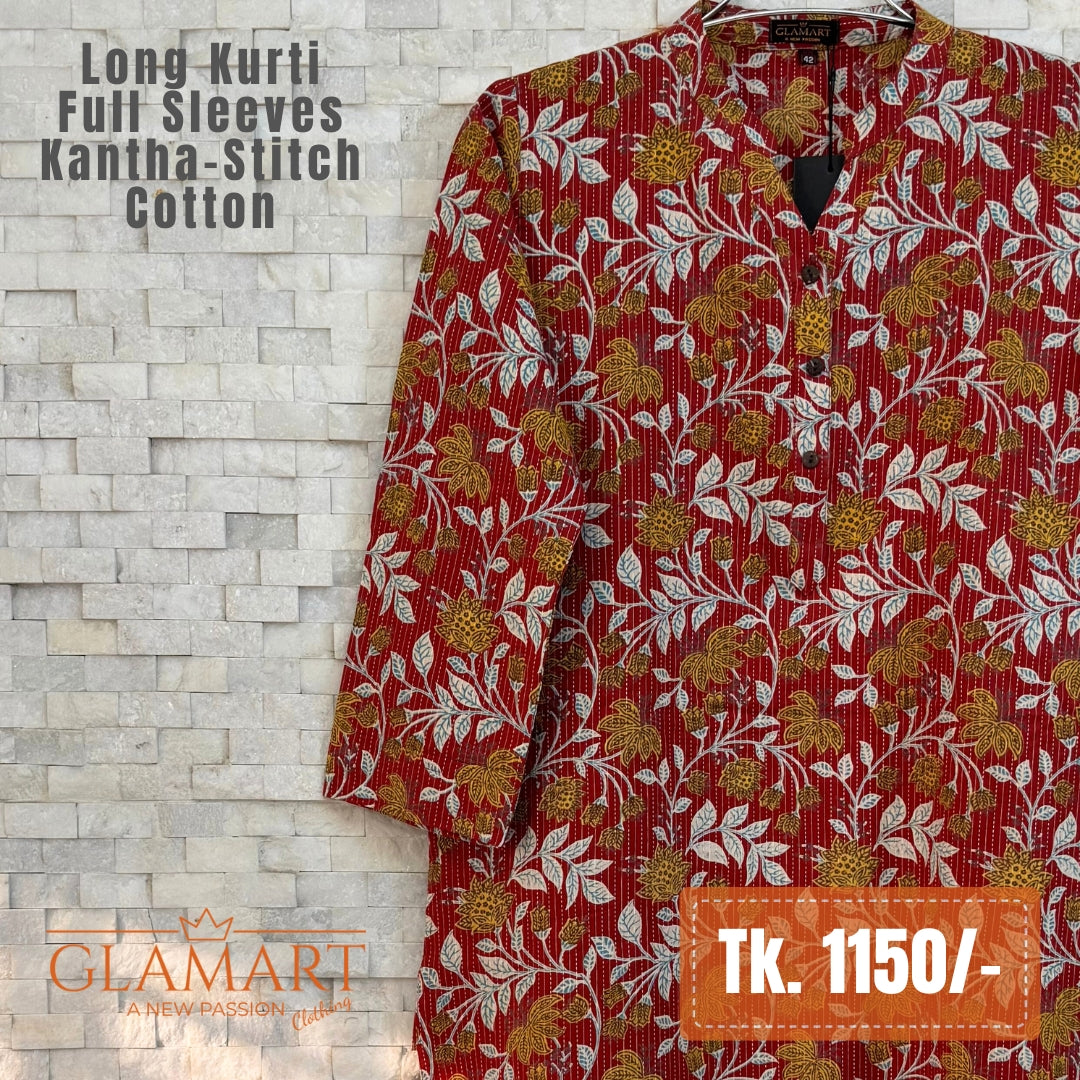 Kantha-Stitch Cotton Long Kurti – Maroon Red & Mustard Floral Print