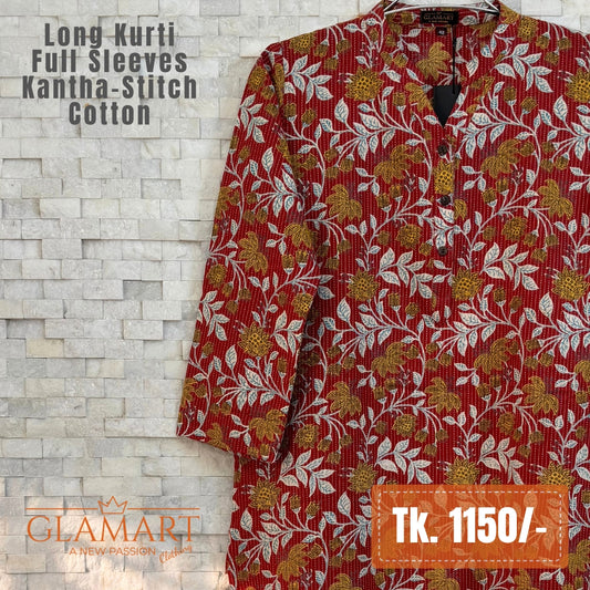 Kantha-Stitch Cotton Long Kurti – Maroon Red & Mustard Floral Print