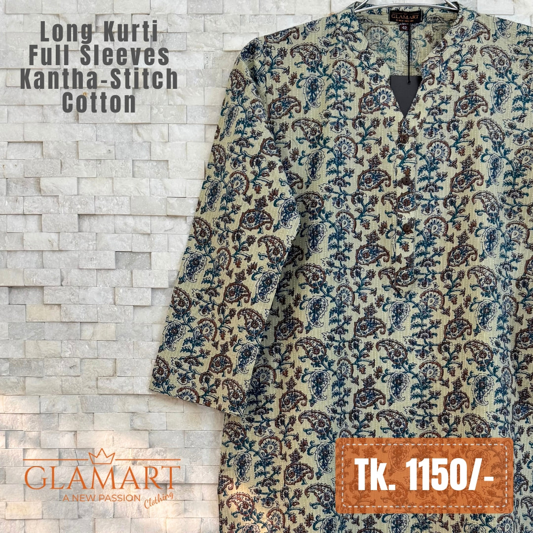 Kantha-Stitch Cotton Long Kurti - Beige & Navy Paisley Print