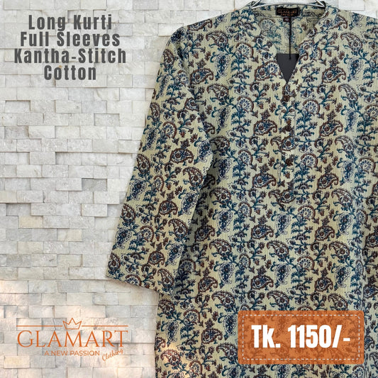 Kantha-Stitch Cotton Long Kurti - Beige & Navy Paisley Print